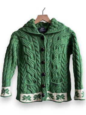 Aran Woollen Mills 100% Wool Shamrock Cardigan Sweater Size XS St patrick's day